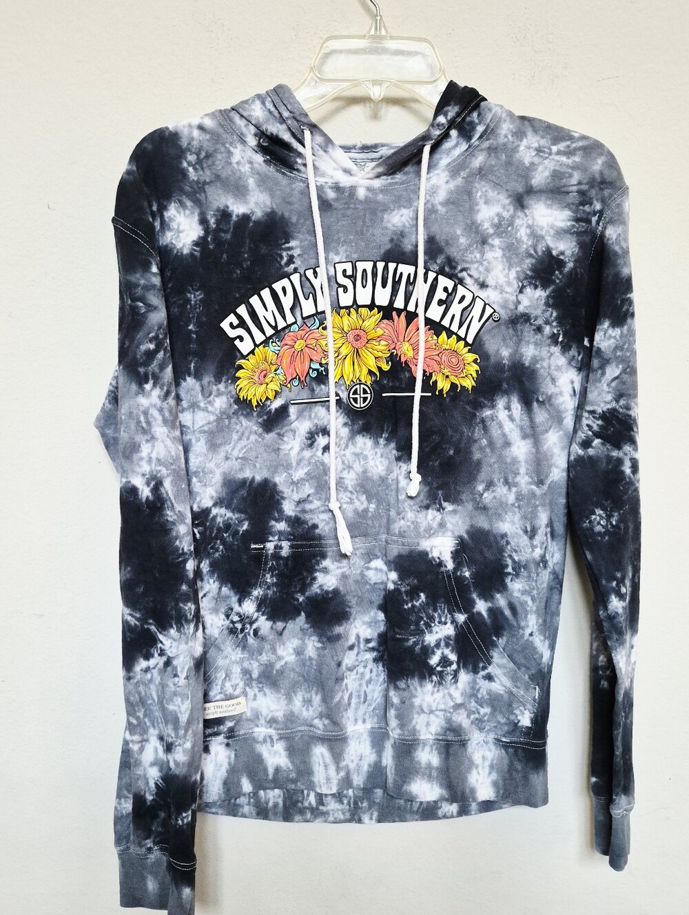 Simply Southern Black & White Tie-Dye Hoodie with Sunflower Print Size Small